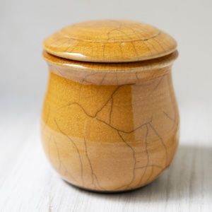 Signed Gonzalez handmade pottery canister jar lid crazing golden brown vintage